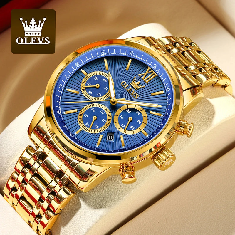 OLEVS Men's Watches Luxury Gold Fashion Wristwatch for Man Stainless Steel Waterproof Luminous Chronograph Date 24 Hour Display