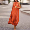 Lady Casual Loose Halter Pleated Maxi Dress Women Fashion Leaf Print Sleeveless Beach Boho Dress Elegant Halter Long Party Dress