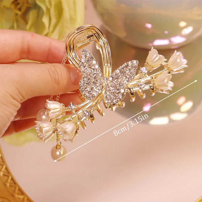 Light Luxury Rhinestone Bell Orchid Tassel Hair Clip Flowers Rose Butterfly Claw Clip Shark Hair Claw Barrette Hair Accessories