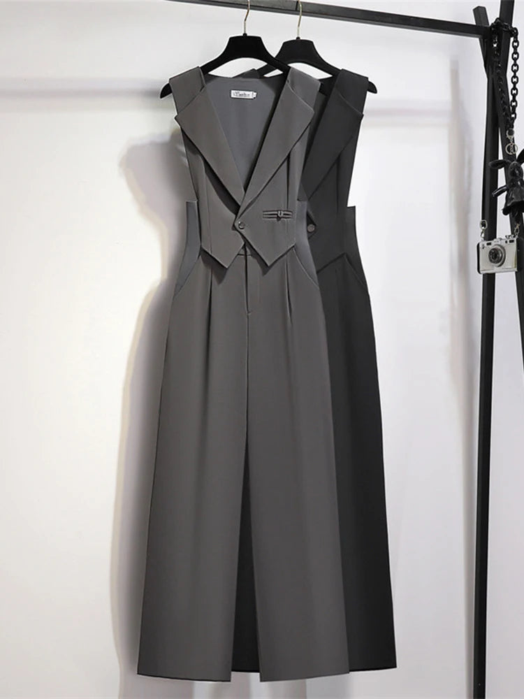 EWQ Elegant Style Chic Jumpsuit Women Solid Color Sleeveless Notched Irregular Patchwork Jumpsuits Winter Spring 2024 New SN5373