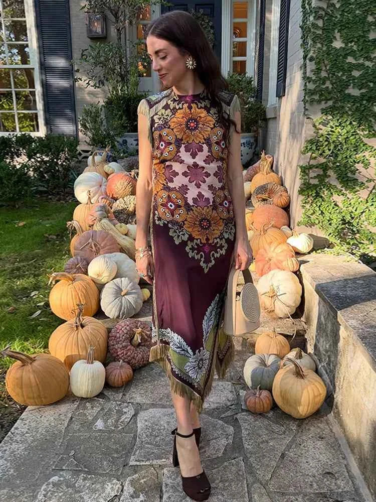 Elegant Printed Women's Tassel Dress Fringed Sleeveless Slim Irregular Party Evening Dresses 2026 Spring Summer Lady Vestidos