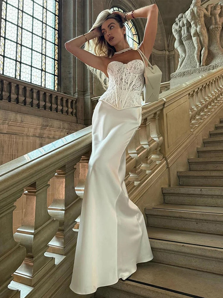 Conjuntos elegantes de renda e cetim com top e saia longa femininos, blusa justa e ombro de fora, robes femininos para festa de verão e noite