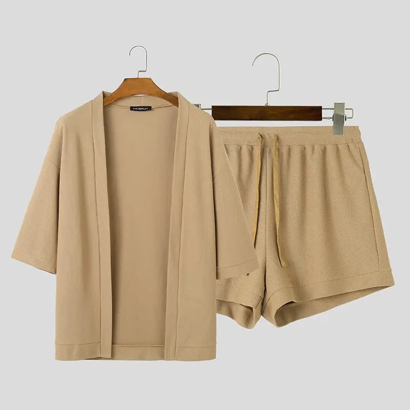 Conjuntos masculinos cor sólida, cardigan de meia manga e shorts com cordão, duas peças, moda urbana, ternos casuais