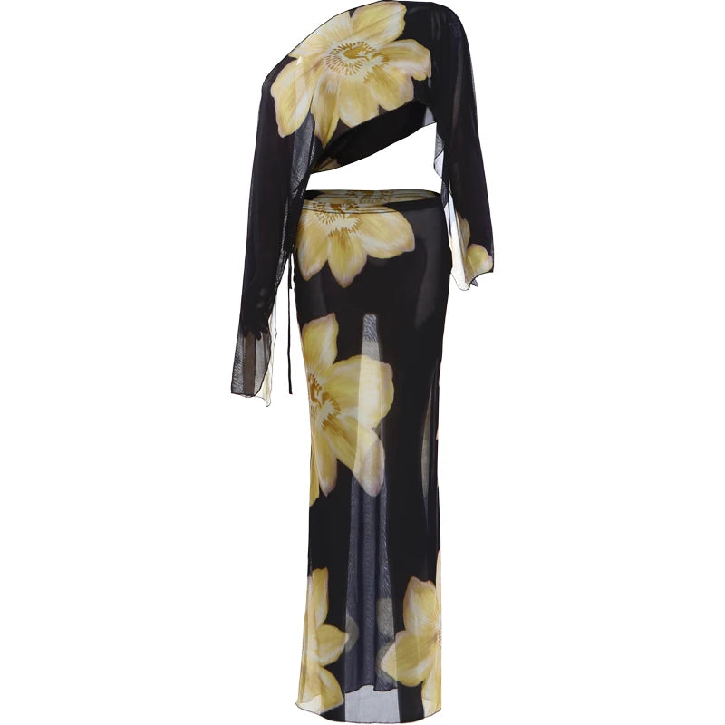 Kliou Floral Print 2 Piece Set Woman Skew Collar Full Sleeve Navel Exposed Tops+Elastic Waist Long Skirts Vacation Elegant Suits