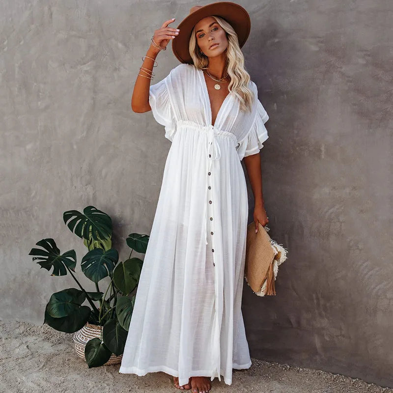 Blusa de biquíni com botões e cintura alta, saia longa, cardigan, jaqueta de praia para férias, proteção solar