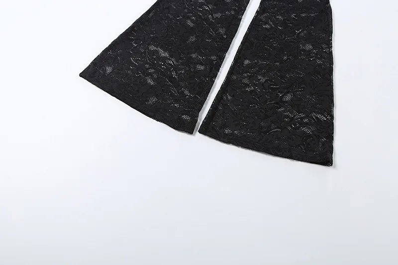 Sexy Hollow out Micro Flared Jumpsuit Long Pants  Lace Shirt Thickened Winter Collection for Elderly Women
