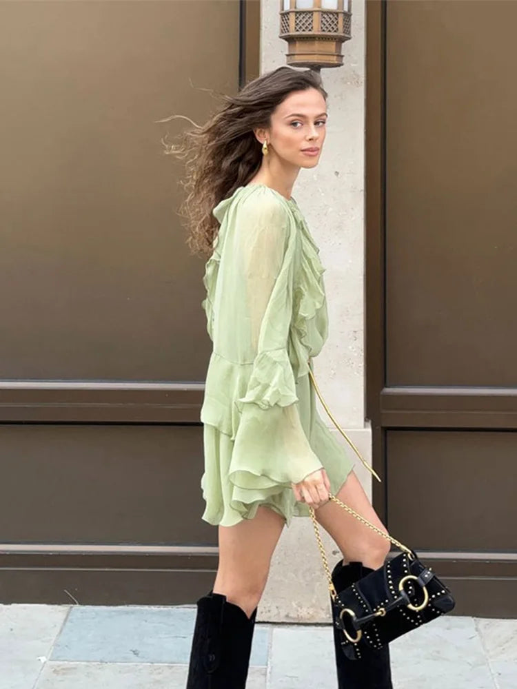 Elegant Women Green Irregular Ruffles Loose Mini Dress Fashion O Neck Full Sleeve Short Vestidos Spring Summer Chic Lady Dresses