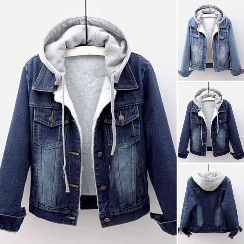 Jaqueta jeans feminina de pelúcia quente para outono e inverno, casaco de algodão curto azul jeans, casaco feminino com capuz, agasalho