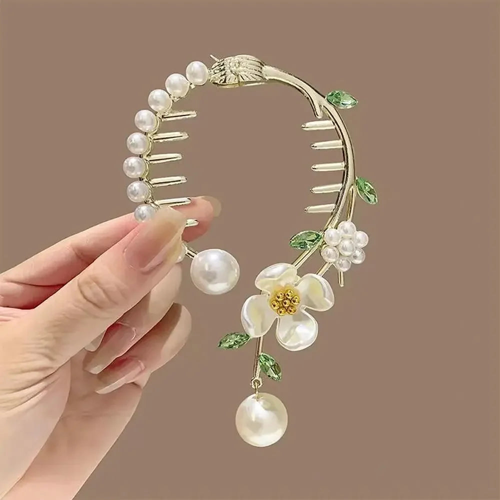 Chinese Style Flower Tassel Hair Bun Buckle High Ponytail Buckle Pearl Chain Pan Hair Claw Clip Fashion Lovely Alloy Headwear
