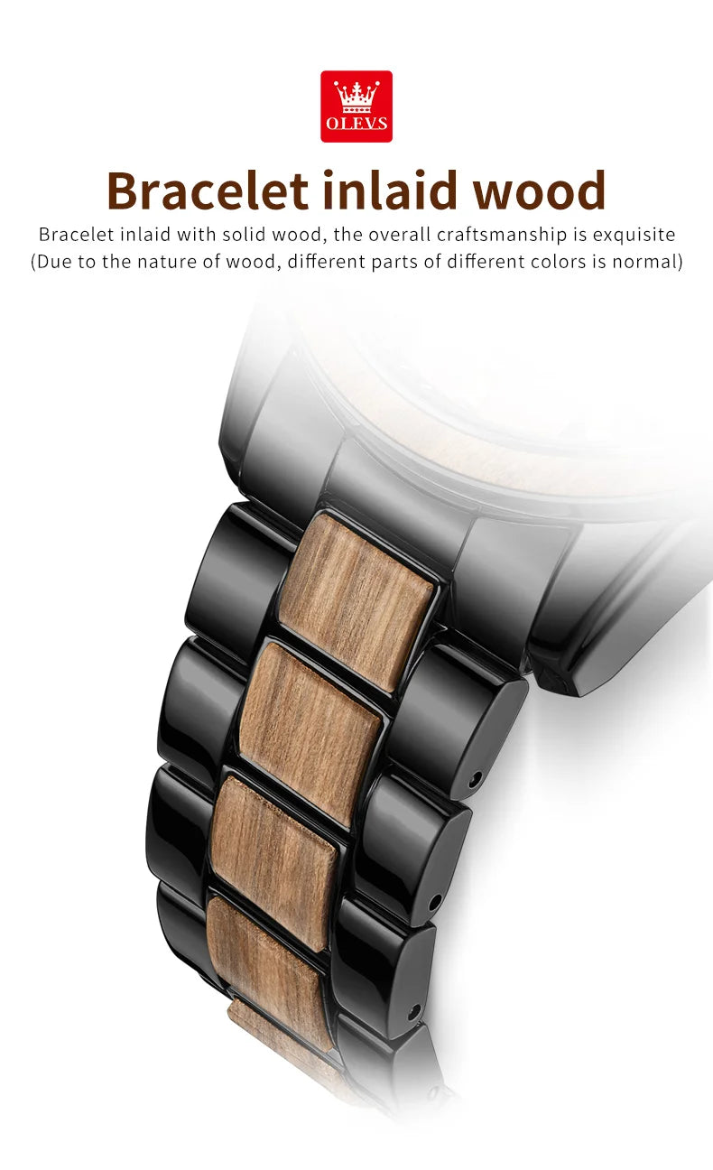 OLEVS 3645 Mens Watch Top Brand Business Original Quartz Watch Solid Wood Multifunctional Chronograph Watch Moon Phase Reloj New