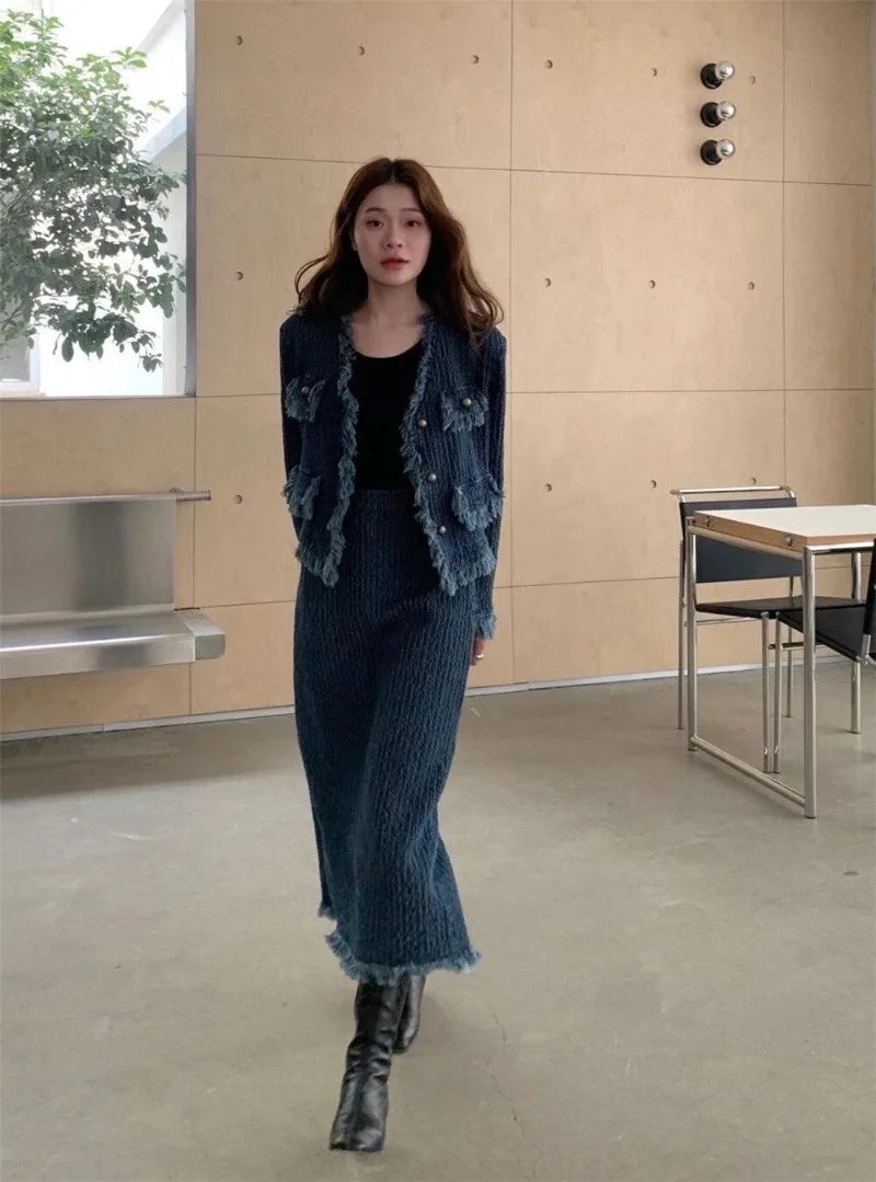 Elegant Vintage Autumn New Long Sleeve Loose Coat Women High Waist Straight Loose Pants 2026 New Denim Two Piece Sets