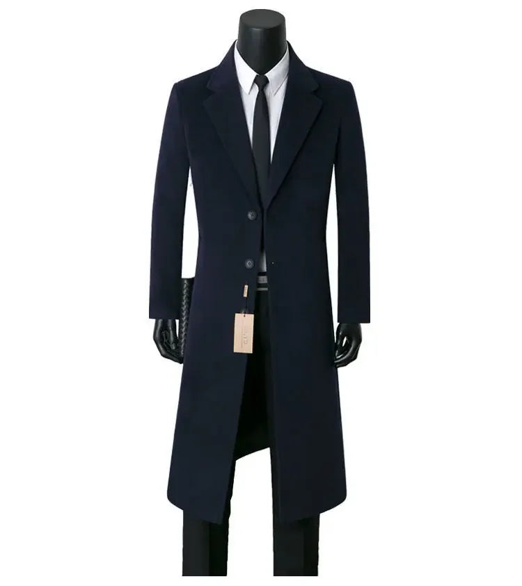 Sobretudo de lã masculino para outono e inverno, comprimento médio, casual, corta-vento quente, jaqueta com gola para pai