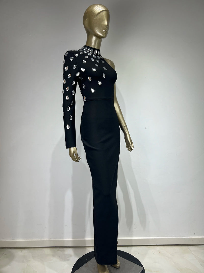 Women Celebrity Sexy Single Sleeve Rhinestone Black Maxi Long Bodycon Bandage Dress 2023 Elegant Evening Club Party Dress