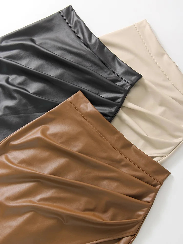 Women Midi Leather Skirt Sexy Split High Waist Zipper PU Front Slit Skirts Ladies Black Faux Leather Folded Skirt For Women