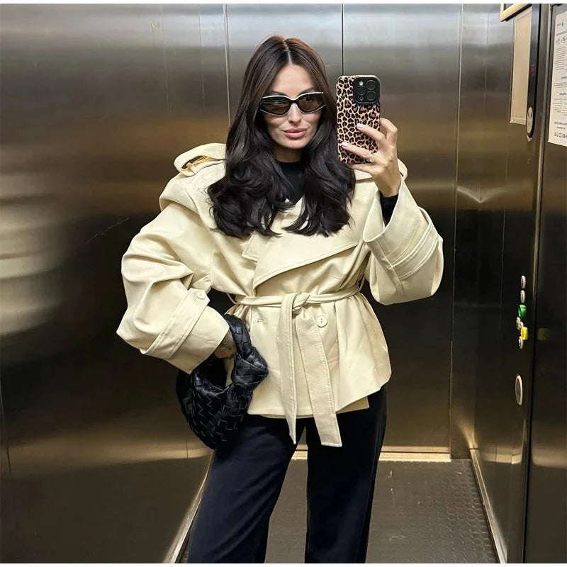 Women's Coat 2026 Spring New Style Solid Color Long Sleeve Belted Short Trench Coat European and American Personalized Fashion