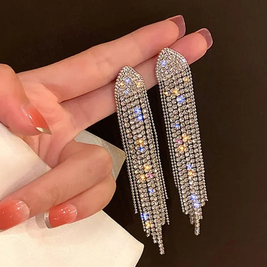 Moda feminina espumante strass longo borla brincos pingente festa de casamento jóias presentes - CRAVO ROSE