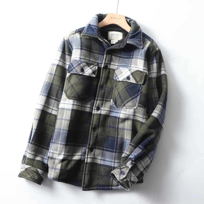 Thickened Plaid Shirt Coat Couples Style Fleece Lined Lamb Fur Casual Warm Outerwear for Men And Women Polyester Fabric