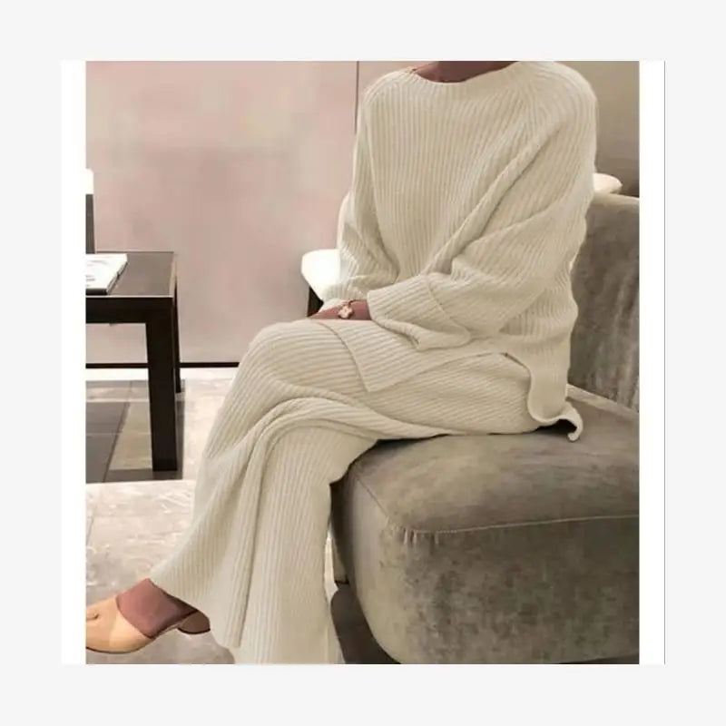 Casual Women's Knitted Sweater Two-Piece Set Cross-Border Fashion Spring Long Sleeve Pants Long Pants Suitable for 18-25 Year...