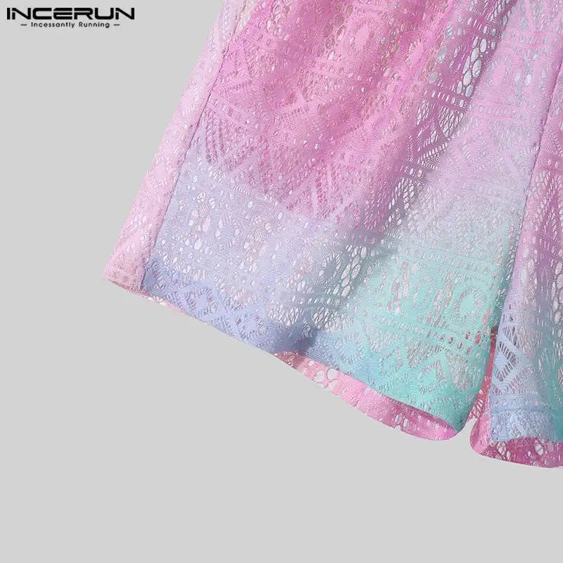 Conjuntos masculinos  de renda transparente com tie-dye, lapela degradê, camisa de manga curta e shorts, 2 peças,  urbana, ternos