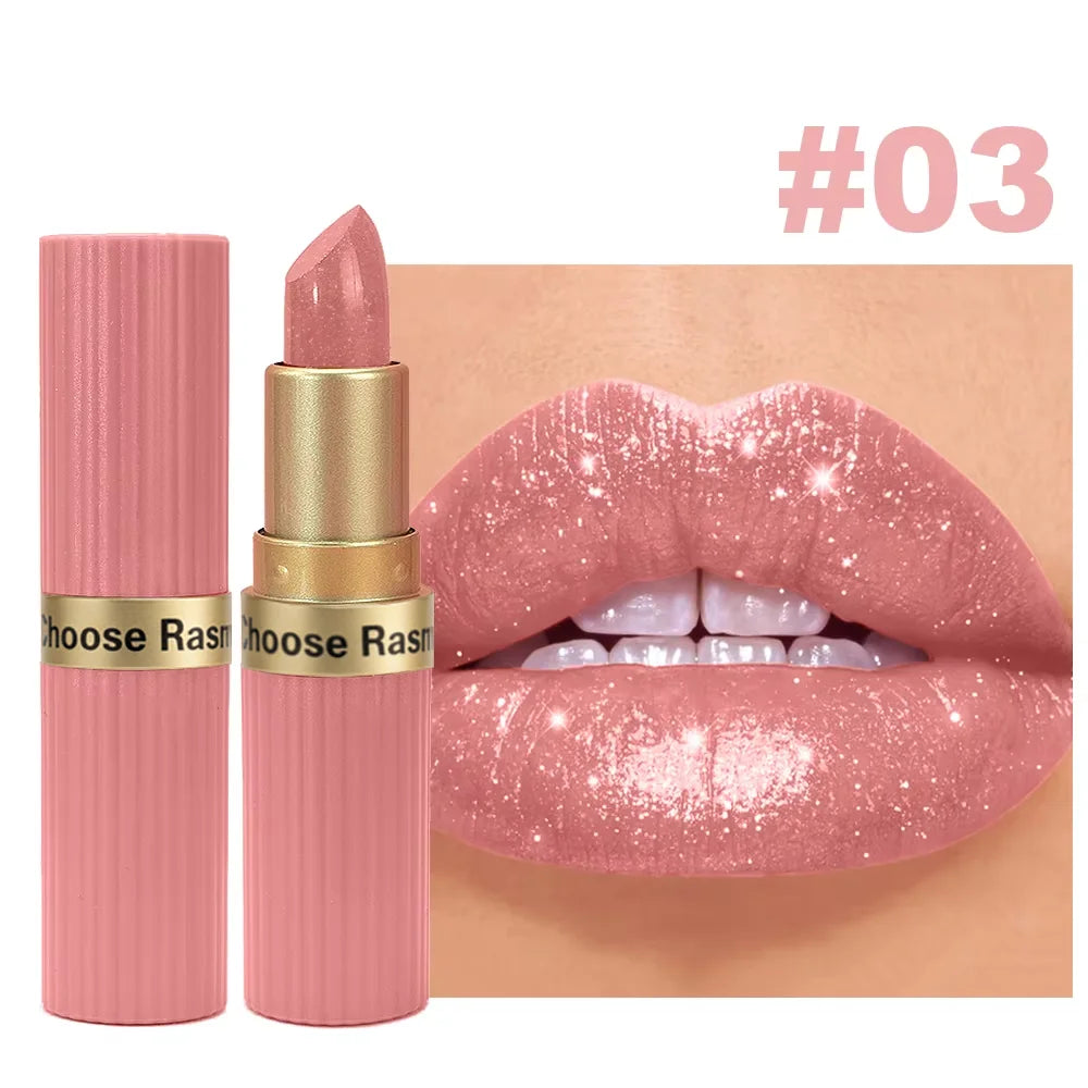 Batom de Veludo com Glitter Rosa Perolado – Metálico, À Prova d'Água, Longa Duração, Acabamento Matte com Brilho Diamante