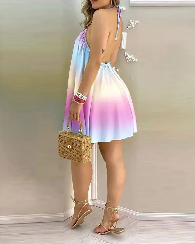 Vestidos Sem Mangas Sem Costas Curto Mini Vestido Solto Halter Neck Estampa Praia Vestido de Verão Floral Vestidos S-3XL