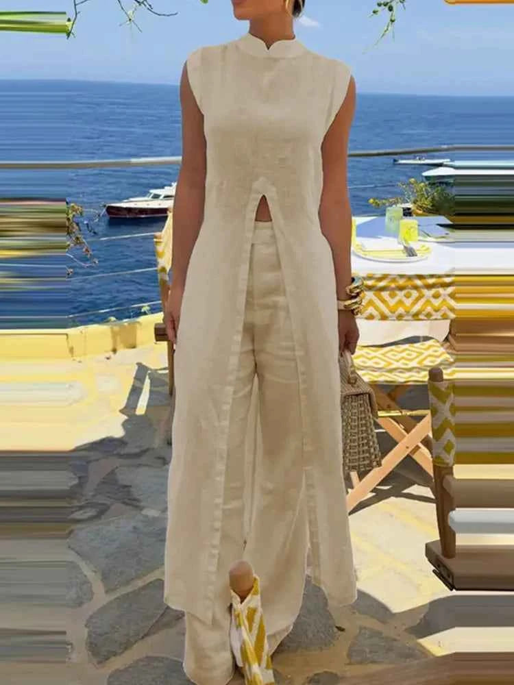 Women Casual Sleeveless Loose 2 Piece Suit Elegant Hight Street Solid Outfit Fashion O-neck Split Long Pullover  & Long Pant Set