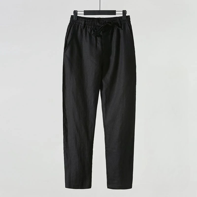 Solid Color Linen Pants Men's Loose Cotton Linen Casual 9 Points Pants Spring Summer Home Straight Soft Comfortable Trousers