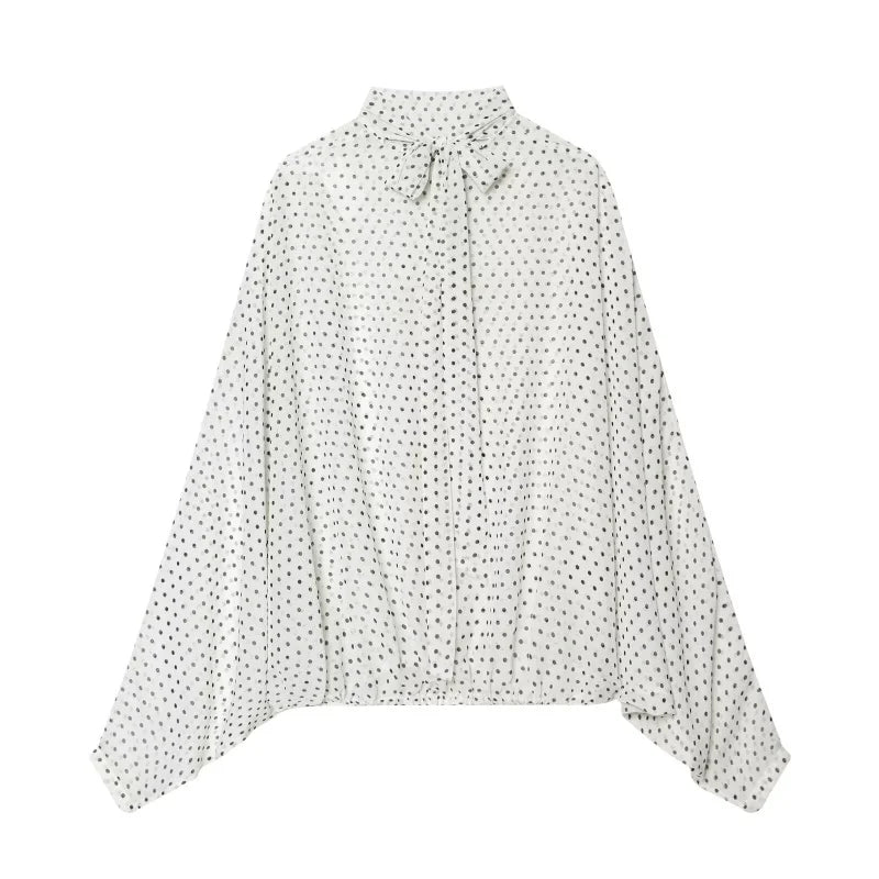 ETJ Women's Polka Dot Blouse Skirt Set 2026 Spring High Neck Batwing Sleeve Sheer Front Tie Bow Midi A-Line Dress Set
