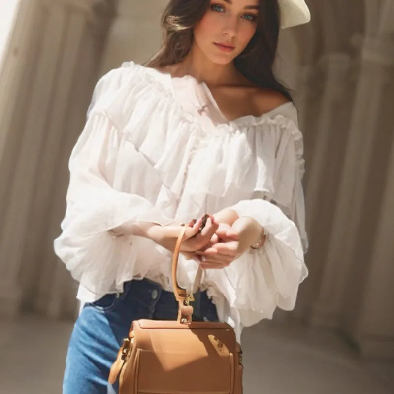 Blusa feminina sexy com decote em V, transparente, estilo boho, de malha, com babados, manga larga, elegante, peplum, com babados, blusa feminina 13459