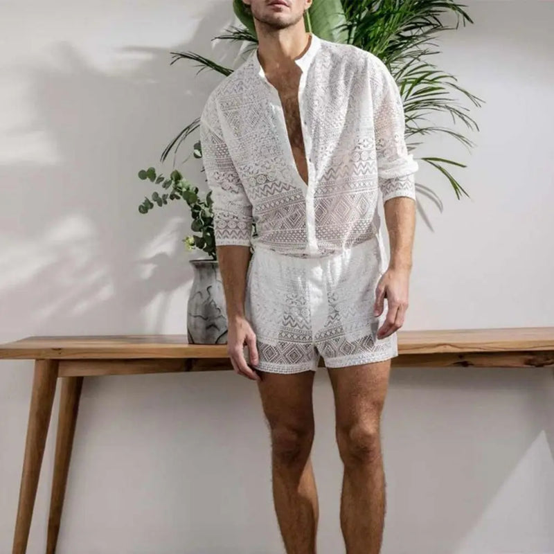 Conjunto de moda masculina vazado sexy renda shorts padrão estampa camisa duas peças ternos moda elegante