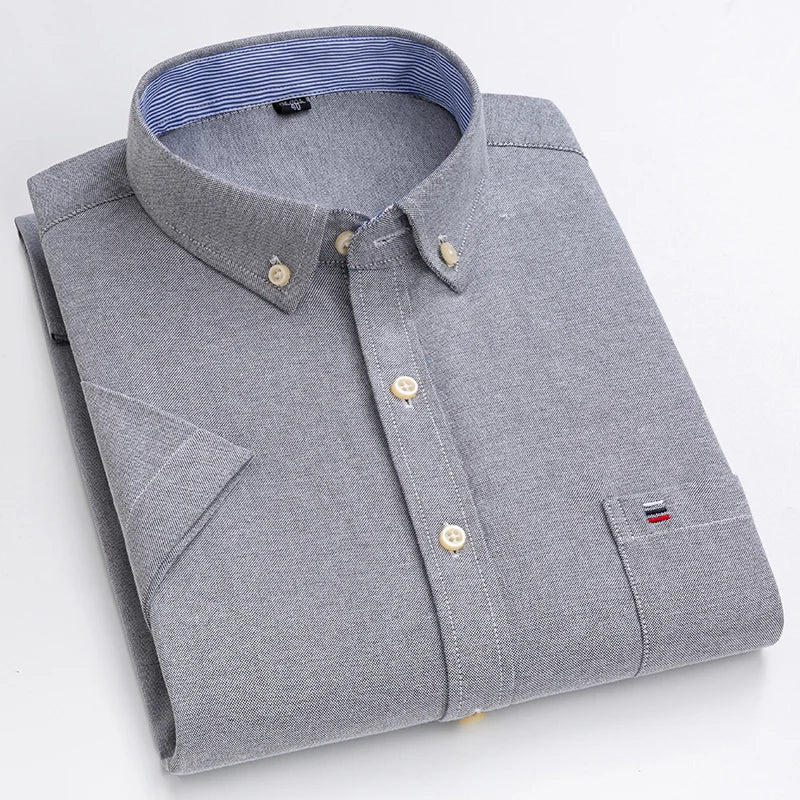 Men's Pure Cotton Oxford Short Sleeve Summer Casual Shirts Comfortable Standard-fit Button-down Plaid Solid Color Cotton Shirt