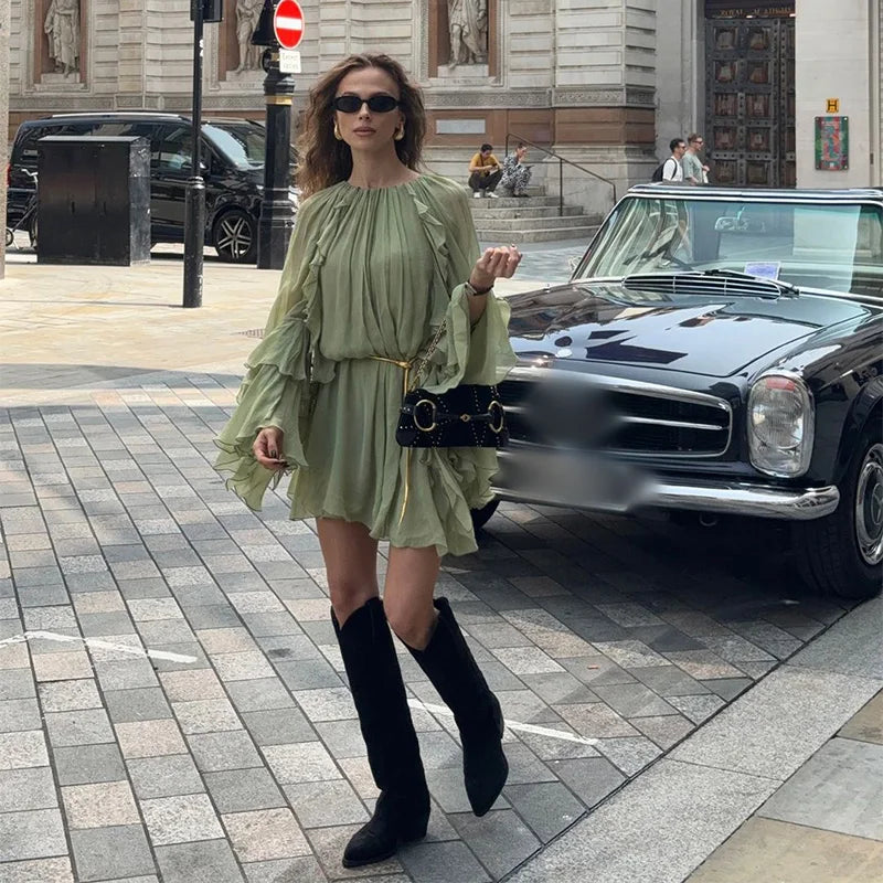 Elegant Women Green Irregular Ruffles Loose Mini Dress Fashion O Neck Full Sleeve Short Vestidos Spring Summer Chic Lady Dresses