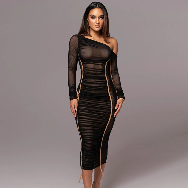 Hugcitar Mesh Solid Diagonal Collar Long Sleeve Draped Sexy See Through Bodycon Maxi Dress Summer Fashion Clothes Festival Club