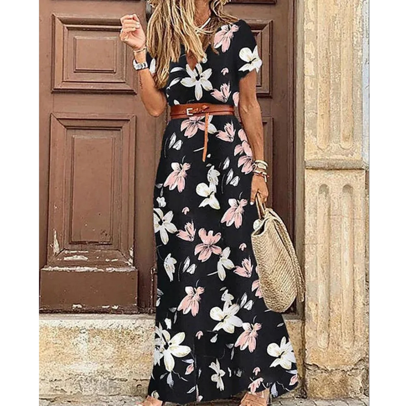 Women Sexy Casual Elegant Holiday Dress Summer Trend V-Neck High Slit Irregular Midi Dress Retro Vintage Print Slim With Belt - CRAVO ROSE