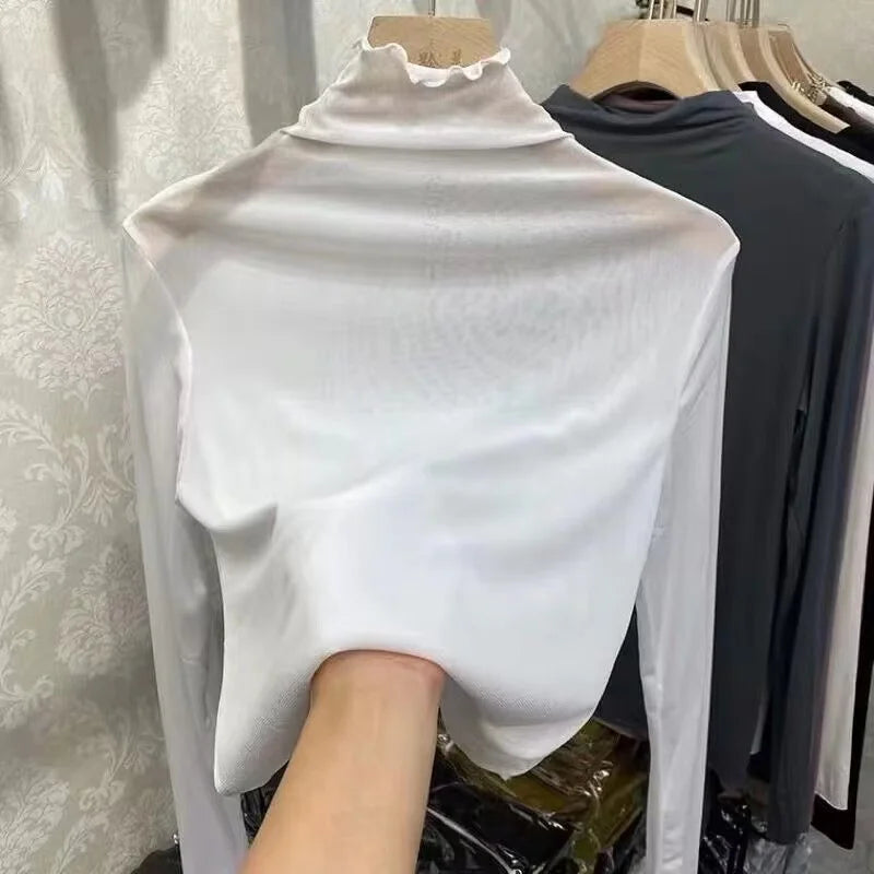 Women's Long Sleeve T-Shirt Lace  Mesh Base Shirt High Collar Pure Color Spring Autumn Fashion Breathable Comfortable Ski...