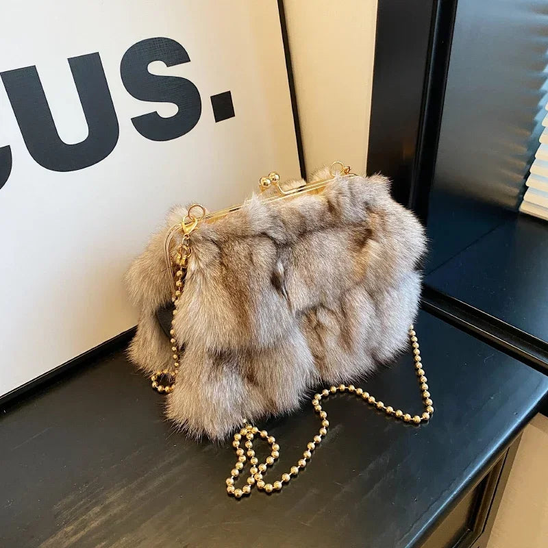 Soft Plush Evening Bags for Elegant Women Fox Fur Dinner Party Clutch Chain Crossbody Winter Warm Luxury Designer Handbags
