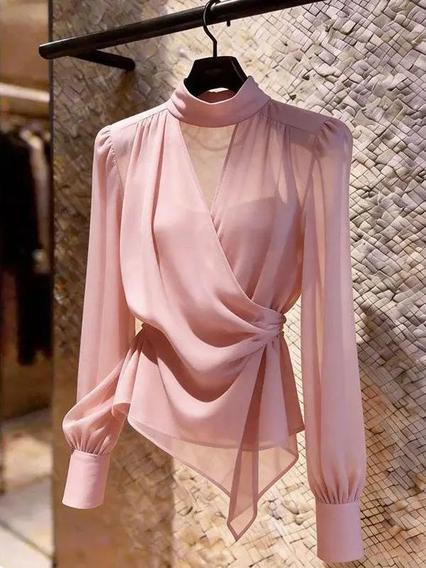 Elegant V-Neck Long Sleeve Women's Shirt Asymmetric Fashionable Versatile Top for Summer Season French Style Slim Fit Shirt