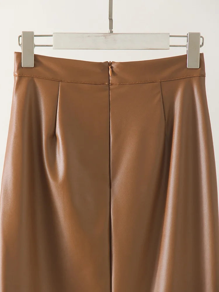 Women Midi Leather Skirt Sexy Split High Waist Zipper PU Front Slit Skirts Ladies Black Faux Leather Folded Skirt For Women