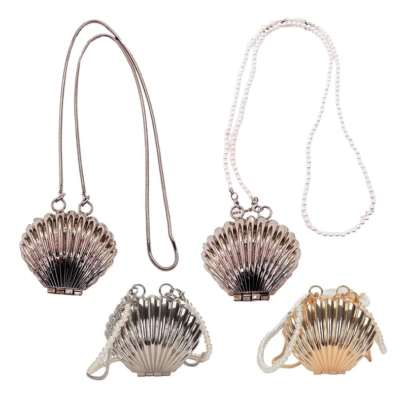 Metal Shell Bag Mini Lipstick Bag Pearl Chain Crossbody Bag Shoulder Bag Handbag Purse Waist Bag Women Makeup Jewelry Bag