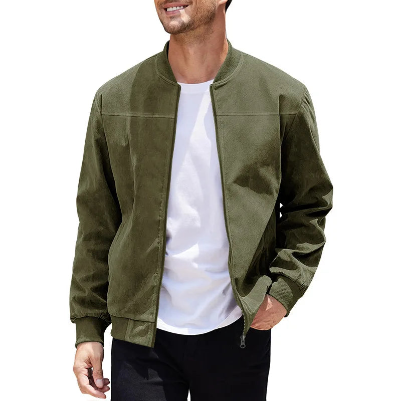 Men's Business Casual Suede Jacket Zipper Collar Warm Sporty Outerwear Polyester Fabric Long Sleeve round Hem Knitted Sleeve
