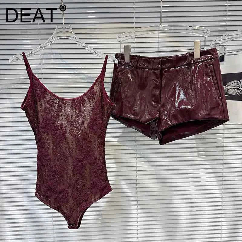 DEAT 2025 Autumn New Fashion Slim Fit Backless Lace One-Piece Camisole For Women Solid Color PU Leather Shorts Female 11A07083