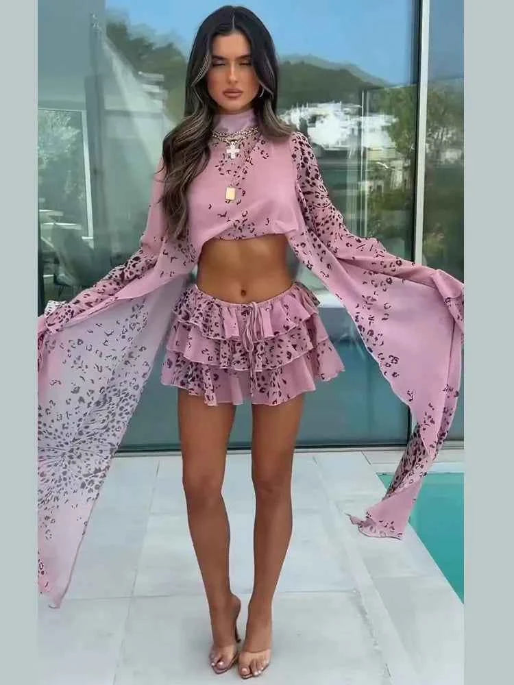 Sexy Women's Skirt Set Full Sleeve Crop Top Ruffle Hem Skirts Female Vacation Print Sets 2026 Summer Beach Fashion Lady Suit