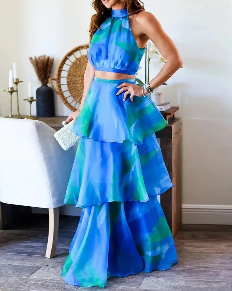 Cake Skirt Set Women Dress Sets Two Piece Sets Sexy Print Sleeveless Short Tops Elegant Splice High Waist A Line Long Skirts