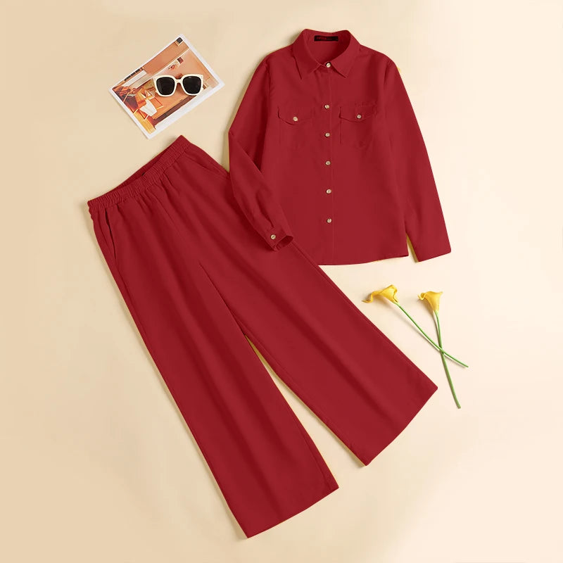 Women Elegant Lapel Neck Long Sleeve Shirt Pants Sets 2PCS Fashion Autumn Outifits Solid Work Trousers Suits Tracksuit