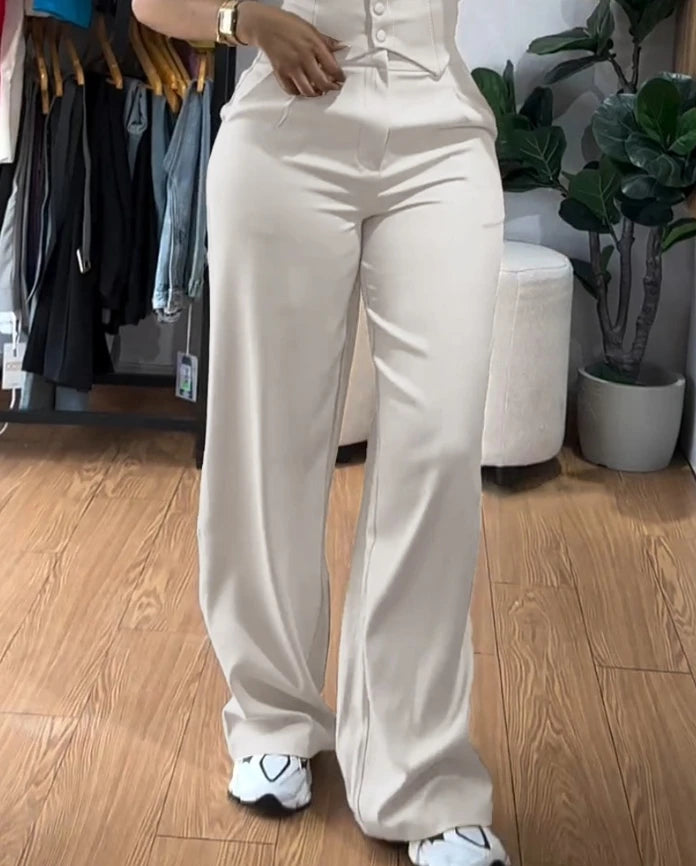 Conjunto feminino de duas peças para blusa regata de alças grossas com botões frontais, modelagem justa e calça pantalona de cintura alta