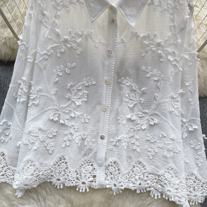 Camisa solta bordada SINGREINY feminina elegante retrô com lapela sólida manga comprida blusa feminina de alta qualidade moda verão