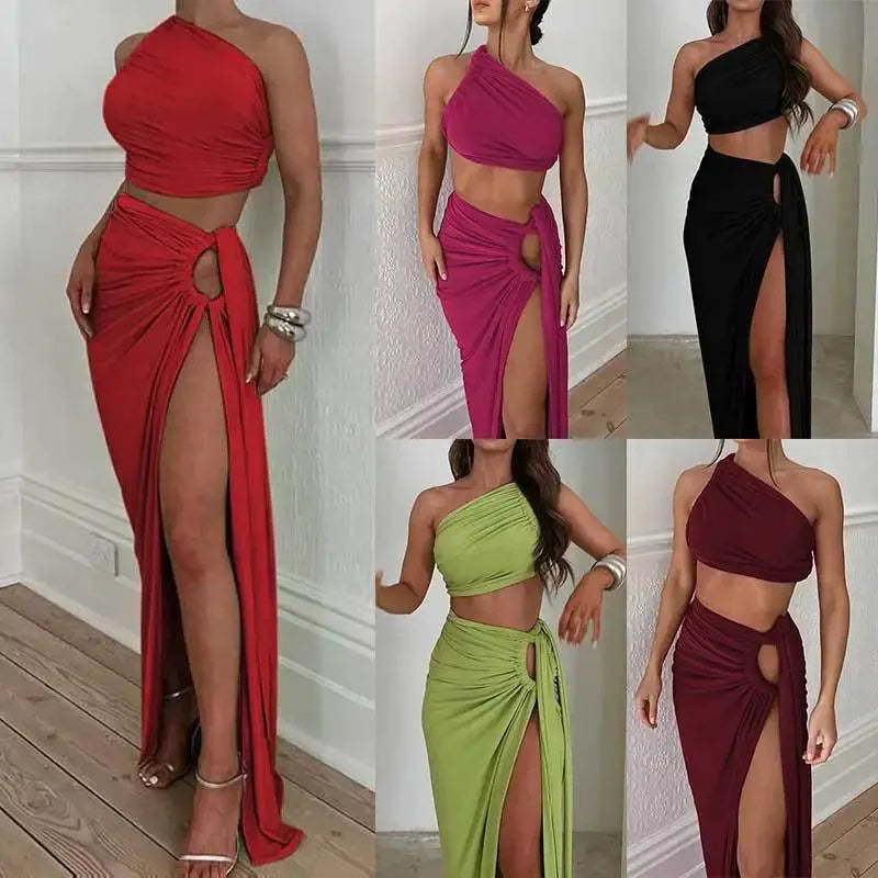 Conjunto Cor Sólida Sexy Sem Mangas Um Ombro Colete Dividido Saia Longa Terno