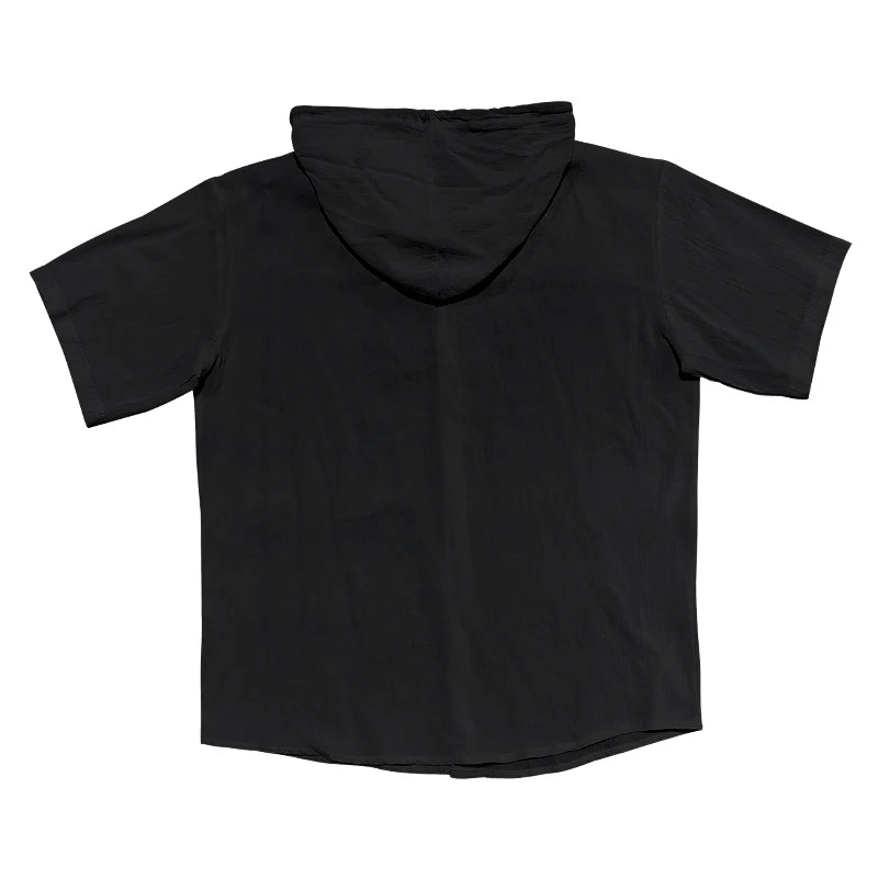 Camisa masculina de manga curta de algodão e linho, tamanho EUA, cor sólida, com capuz, camiseta casual, tamanho grande, roupa masculina