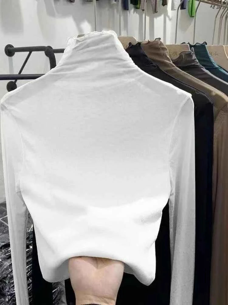Women's Long Sleeve T-Shirt Lace  Mesh Base Shirt High Collar Pure Color Spring Autumn Fashion Breathable Comfortable Ski...