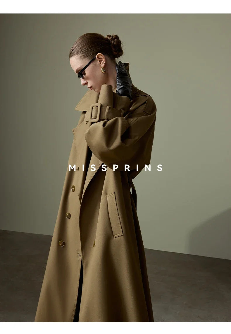 Lautaro Spring Autumn Long Khaki Trench Coat for Women Belt Double Breasted Chic Luxury Designer European Fashion Clothes 2025
